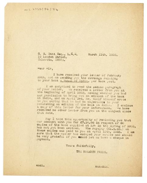 Image of typescript letter from The Hogarth Press to G. S. Dutt (11/03/1934) page 1 of 1