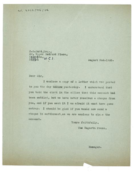 Image of typescript letter from The Hogarth Press to G. S. Dutt (02/08/1935) page 1 of 1