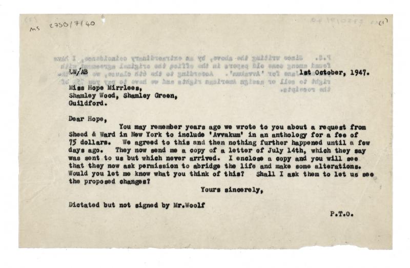 Image of typescript letter from Leonard Woolf with enclosed Sheed and Ward letter to Hope Mirrlees (1/10/1947)  page 1 of 2