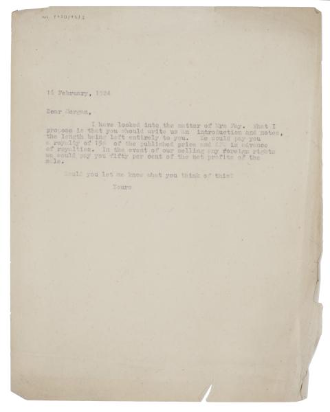 Image of typescript letter from Leonard Woolf to E. M. Forster (16/02/1924) page 1 of 1