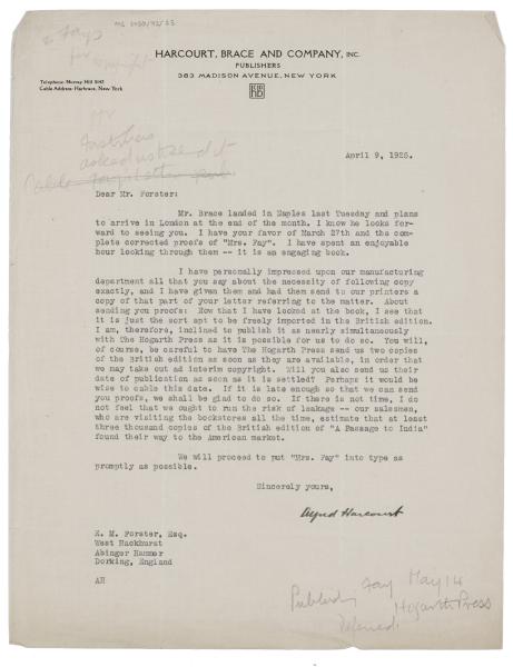 Image of typescript letter from Harcourt Brace and Company, Inc. to E. M. Forster (09/04/1925) page 1 of 1