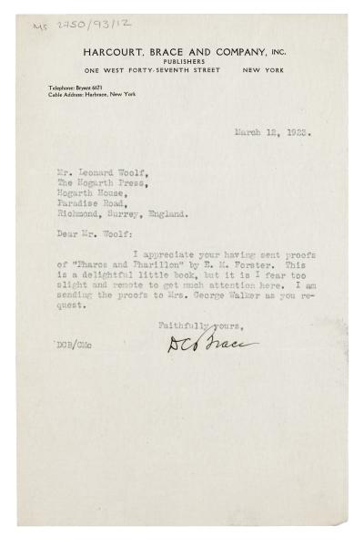 Image of typescript letter from Harcourt Brace and Company Inc to Leonard Woolf (12/03/1923) page 1 of 1