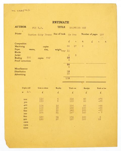 Image of typescript document regarding printing, binding and distribution estimate relating to 'Drifting Men'  page 1 of 1