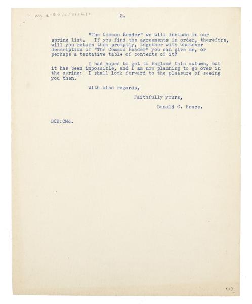 Image of a copy of a typescript letter Donald Brace to Virginia Woolf (25/11/1924) page 2 of 2