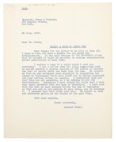 Image of typescript letter from Leonard Woolf to Donald Brace (23/07/1929) page 1 of 1