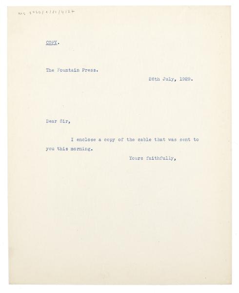 Image of typescript letter from to The Hogarth Press to Fountain Press (26/07/1929) page 1 of 1