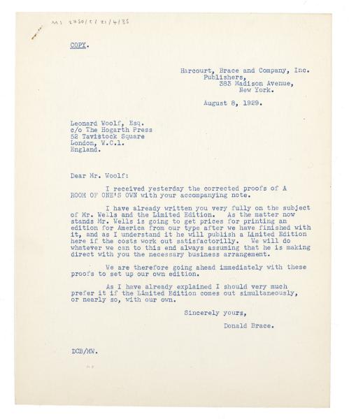 Image of typescript letter from Donald Brace to Leonard Woolf (08/08/1929) page 1 of 1