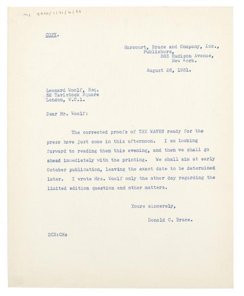 Image of typescript letter from Donald Brace to Leonard Woolf (26/08/1931) page of 1