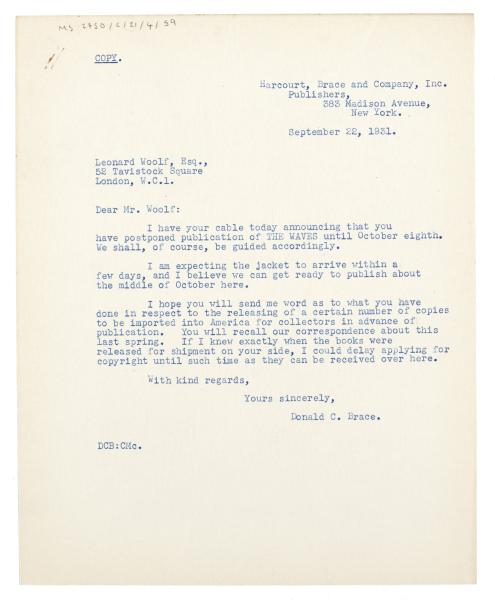 Image of typescript letter from Donald Brace to Leonard Woolf [relating to the Waves] (22/09/1931)  page 1 of 1