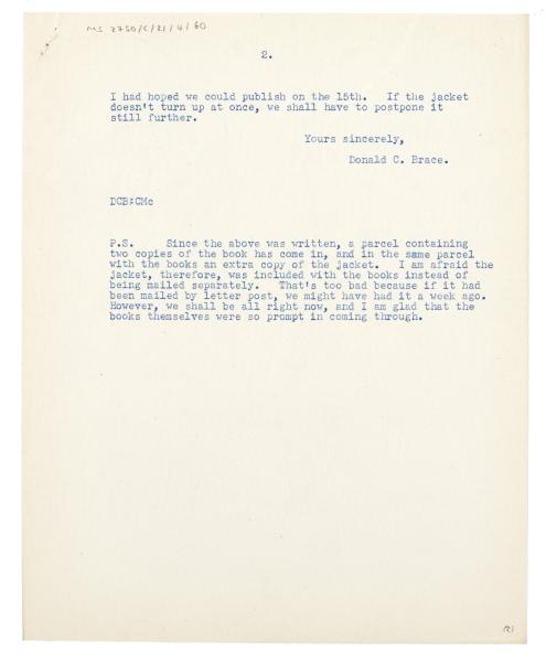 Image of typescript letter from Donald Brace to Leonard Woolf (02/10/1931) page 2 of 2
