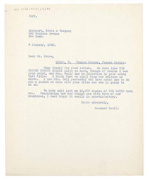 Image of typescript letter from Leonard Woolf to Donald Brace (06/01/1932) page 1 of 1