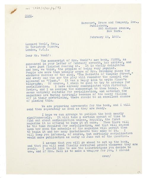 Image of typescript letter from Donald Brace to Leonard Woolf (23/02/1933) page 2 of 1