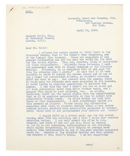 Image of typescript letter from Donald Brace to Leonard Woolf (13/04/1933) page 1 of 2