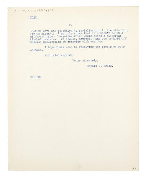 Image of typescript letter from Donald Brace to Leonard Woolf (13/04/1933) page 2 of 2