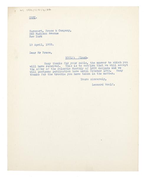 Image of typescript letter from Leonard Woolf to Donald Brace (19/04/1933) page 1 of 1