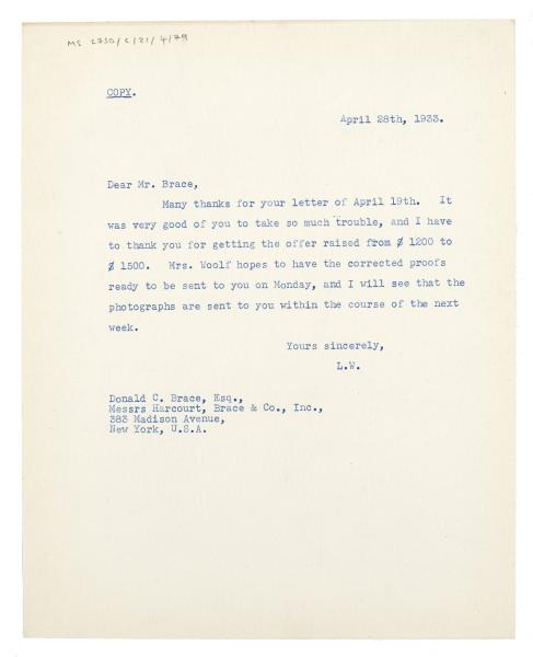Image of typescript letter from Leonard Woolf to Donald Brace (28/04/1933) page 1 of 1