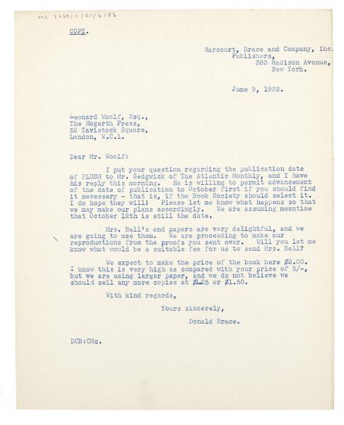 Image of a Letter from Donald Brace to Leonard Woolf (09/06/1933)