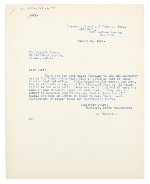 Image of typescript letter from Harcourt, Brace and Company to The Hogarth Press (18/08/1933) page 1 of 1