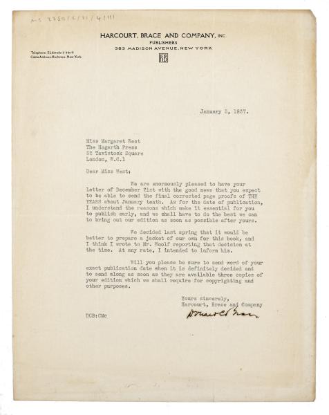 Image of typescript letter from Donald Brace Margaret West (05/01/1937) page 1 of 1