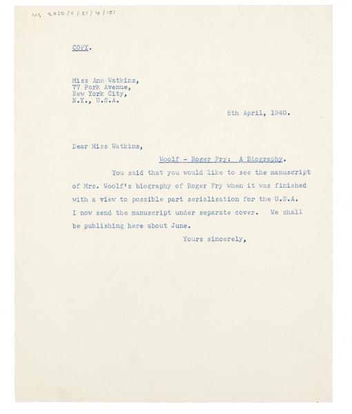 Image of typescript letter from The Hogarth Press to Ann Watkins (05/04/1940) page 1 of 1