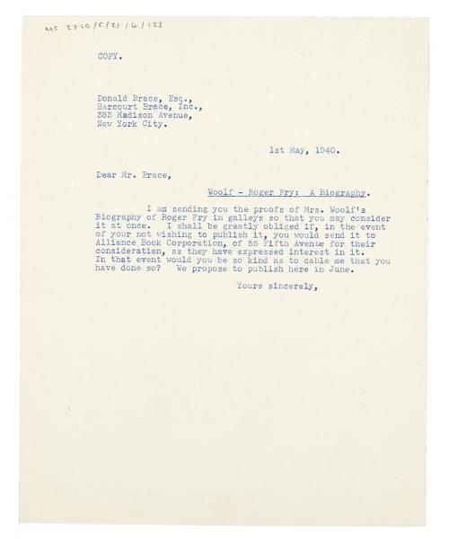 Image of typescript letter from The Hogarth Press to Harcourt, Brace and Company (01/05/1940) page 1 of 1