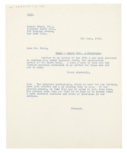 Image of typescript letter from The Hogarth Press to Donald Brace (05/06/1940) page 1 of 1 