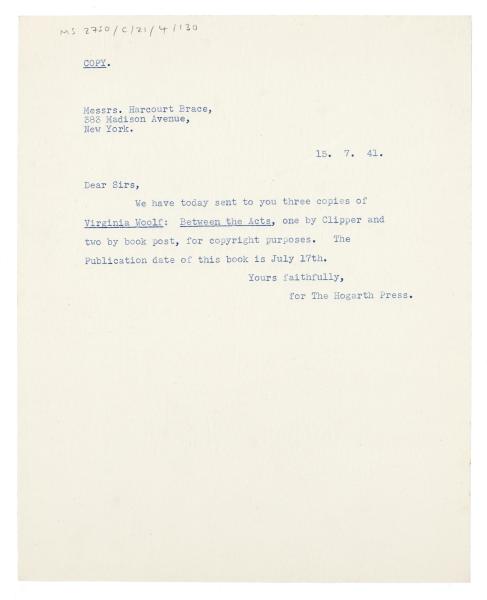 Image of typescript letter from The Hogarth Press to Harcourt, Brace and Company (15/07/1941) page 1 of 1