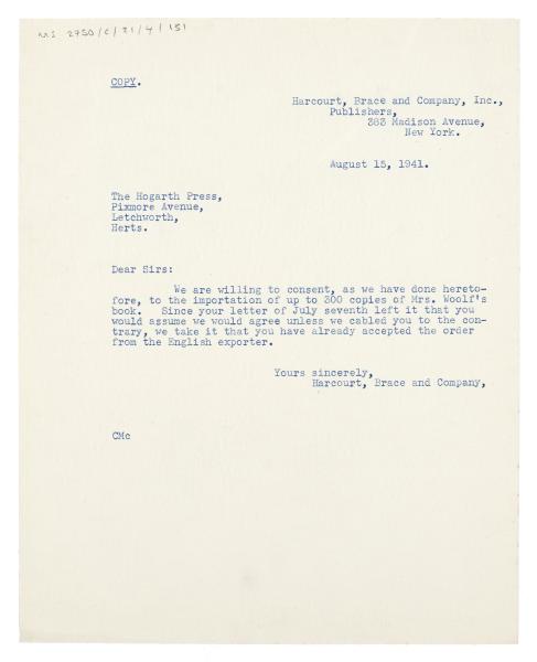 Image of typescript letter from Harcourt, Brace and Company to The Hogarth Press (15/08/1941) page 1 of 1