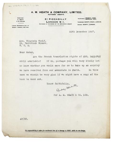 Image of a Letter from A. M. Heath to Virginia Woolf at The Hogarth Press (20/12/1927) 