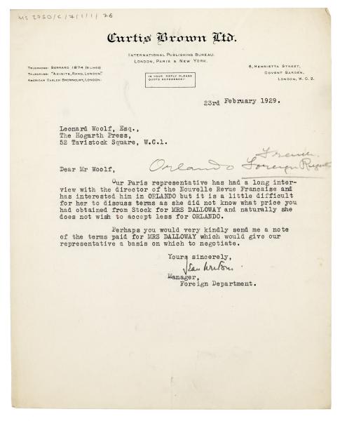 Image of a Letter from Jean Watson at Curtis Brown Ltd to Leonard Woolf at The Hogarth Press (23/02/1929)