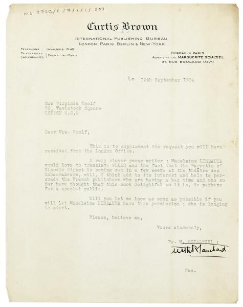 Image of a Letter from Curtis Brown Ltd to Virginia Woolf at The Hogarth Press (12/09/1934)