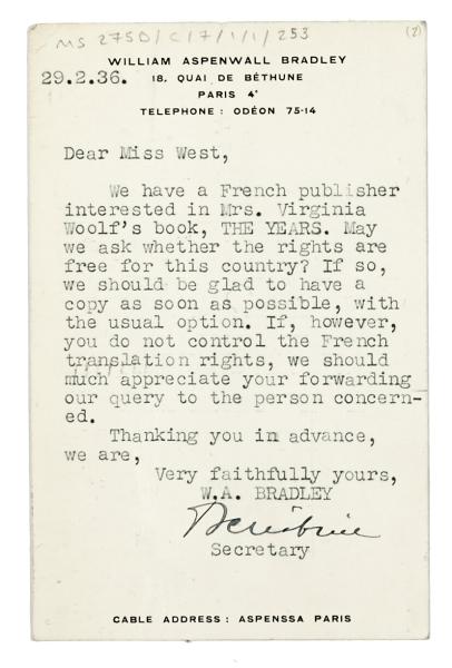 Image of a Postcard from W. A. Bradley to Margaret West at The Hogarth Press (29/02/1936) 