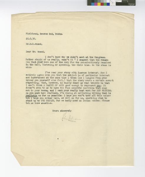 Letter from John Lehmann to Mulk Raj Anand (26/06/1936)
