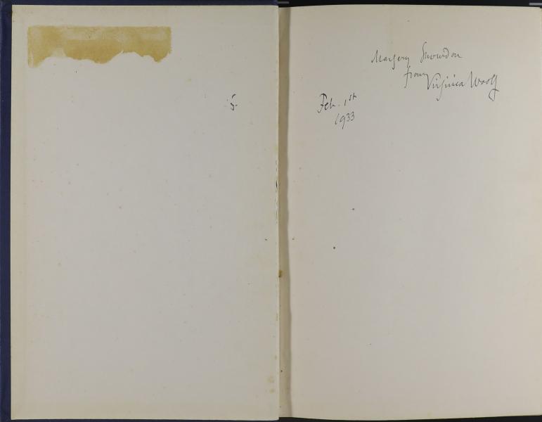 Inscription: "Marjery Snowdon from Virginia Woolf." Dated: Feb. 1st 1933