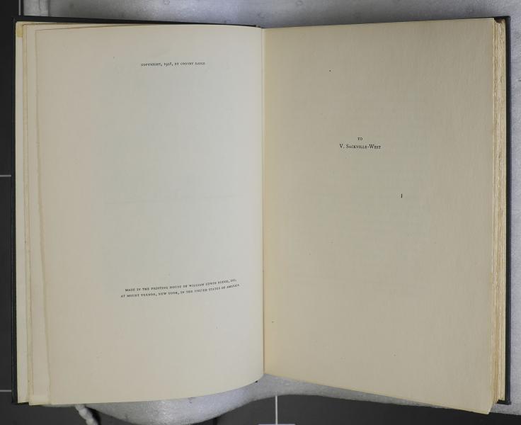 Copyright Page on left. Dedication on right: "To V. Sackville-West"