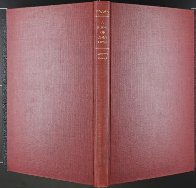 Full cover of First American Edition of A Room of One's Own by Virginia Woolf. Maroon cloth boards with gold lettering and ornament on spine