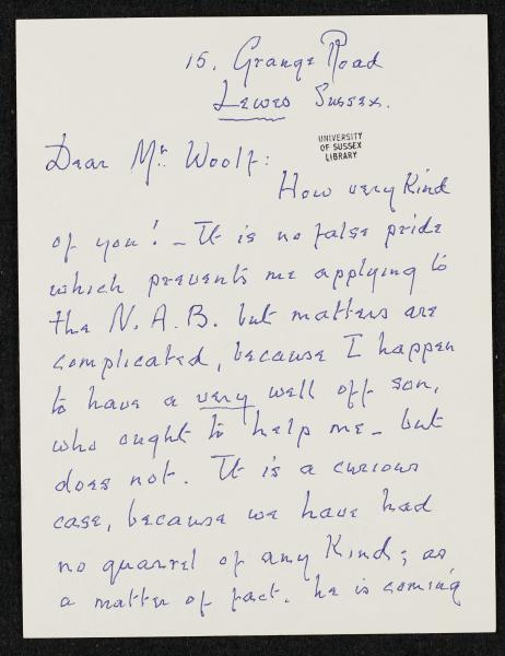 Handwritten letter from Marjorie (Beachcooke)? to Leonard Woolf describing her personal circumstances in the 1960s. 