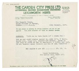 Image of typescript letter from The Garden City Press to The Hogarth Press (14/01/1947) page 1 of 2