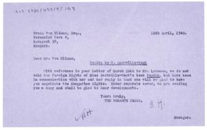 Letter from The Hogarth Press to Franz von Ullman (11/04/1940)