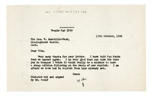 Letter from The Hogarth Press to Vita Sackville-West (17/10/1946)