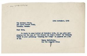 Letter from Hogarth Press to The Ryerson Press (19 Nov 1946)