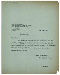 Letter from Margaret West at The Hogarth Press to Alan T. Hunt at Universal Braille Press  (19/01/1934)
