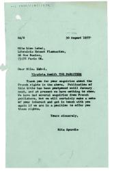 Letter from Rita Spurdle at The Hogarth Press to Lise Lebel Librairie Ernest Flammarion (30/08/1977)