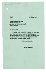 Letter from Rita Spurdle at The Hogarth Press to Elisabeth Gille at Editions Denoel (14/07/1977)