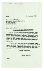Letter from Rita Spurdle at The Hogarth Press to Jeanne Durand at Librairie Ernest Flammarion (04/02/1976)