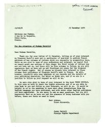 Letter from Susan Daniell at The Hogarth Press to Thérèse Reveillé at Éditions des Femmes (23/12/1974)