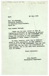 Letter from Rita Spurdle at The Hogarth Press to M. L. Sabbagh at Librairie Hachette (26/06/1974)