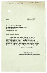 Letter from Rita Spurdle at The Hogarth Press to Jeanne Durand at Librarie Ernest Flammarion (23/05/1973)