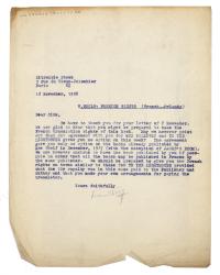 Image of a Letter from Leonard Woolf at The Hogarth Press to Librairie Stock (12/11/1928)