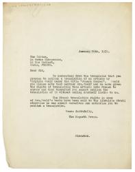 Image of a Letter from Leonard Woolf at The Hogarth Press to La Revue Européenne (26/01/1931)